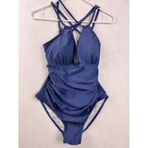 Charmo Blue One Piece Swimsuit Ruched Tummy Control Crisscross Back M